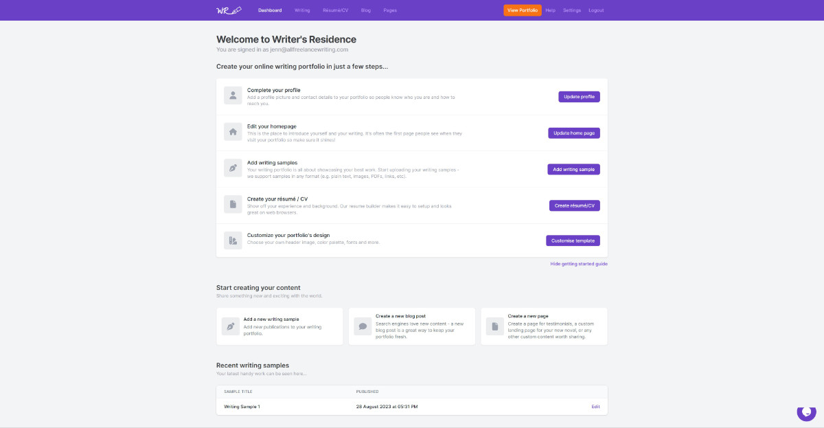 A screenshot of the Writer's Residence dashboard for setting up a user's freelance writing portfolio. It includes options for setting up the writer's profile, adding writing samples, changing the design, and more.