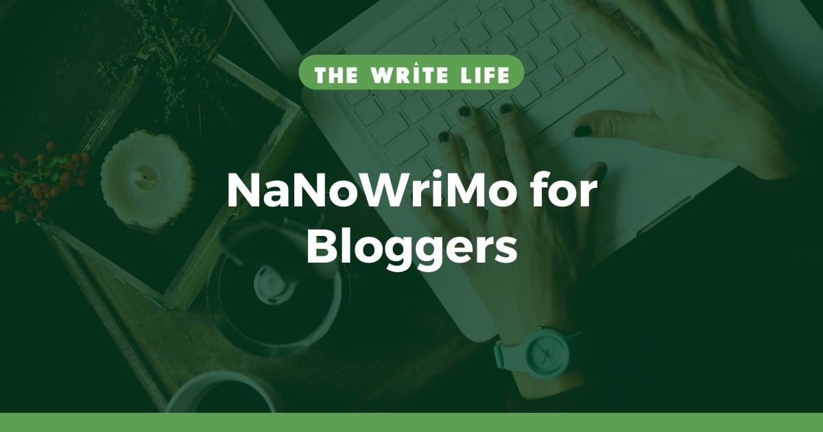 An image of a woman typing at a computer and looking for tips for succeeding at nanowrimo. The text overlay says nanowrimo for bloggers