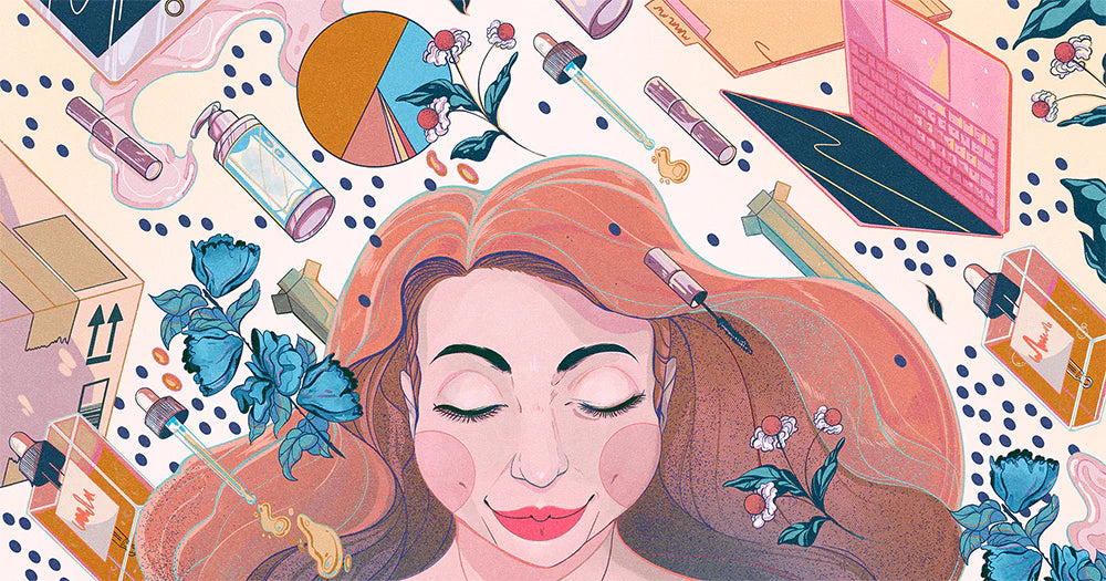 Illustration of a woman figuring out how to start a skin care line, surrounded by beauty products