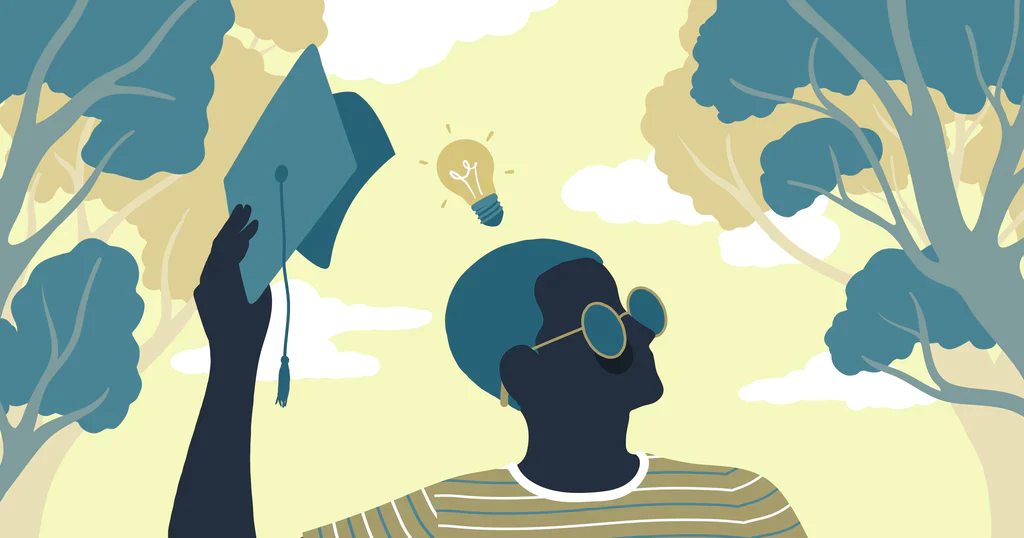 Illustration of a person lifting a graduation cap off their head to reveal a lightbulb